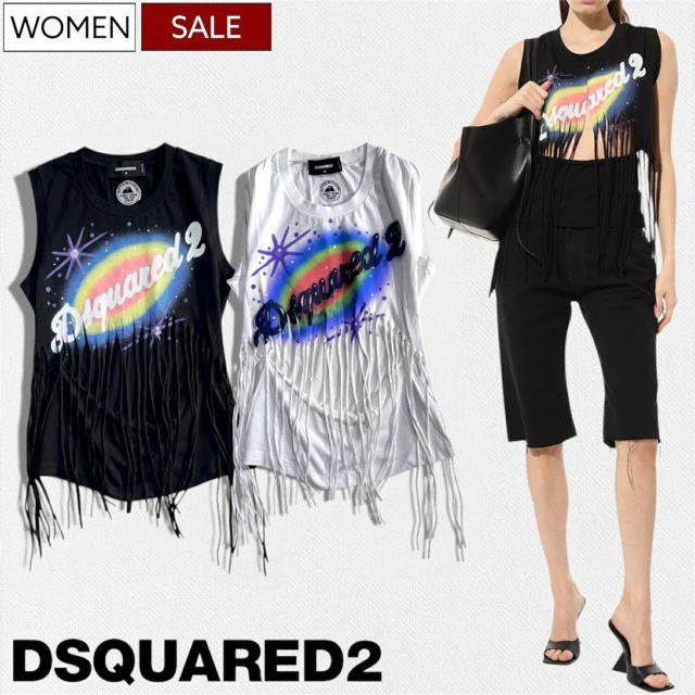 【定価59,400円(税込)】DSQUARED2 ディースクエアード 大胆なカットとフリンジで魅せる ノースリーブ Tシャツ ティシャツ タンクトップ トップス Jersey Dress ホワイト ブラック S72NC1098S24668 イタリア製 レデ