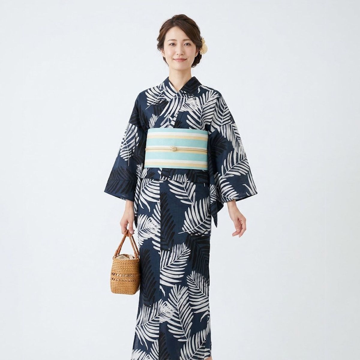 moika 浴衣 濃紺地リーフ柄 お仕立て上がり【ms1476】