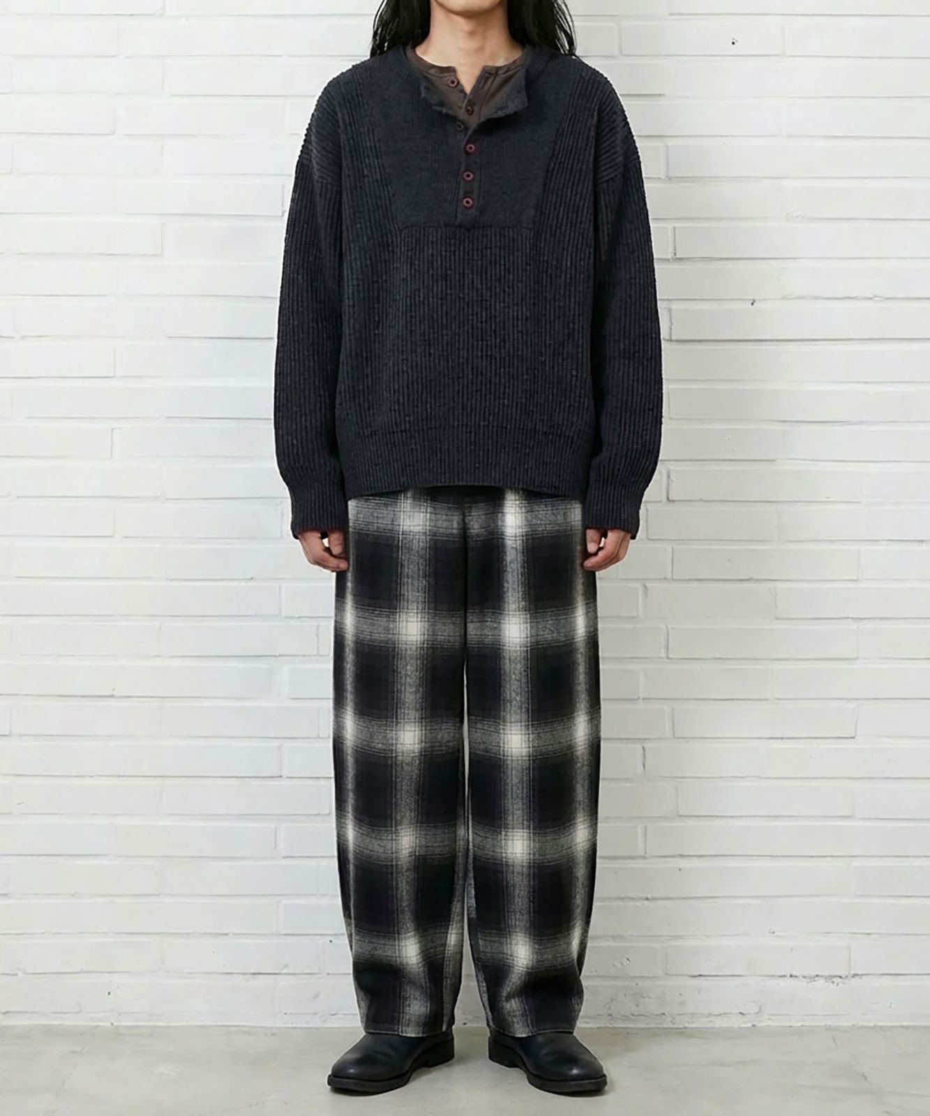［新品_未使用］CALTOP - OMBRE WIDE EASY PANTS / BLACK × IVORY / Made in USA / キャルトップ - オンブレチェック ワイドイージーパンツ / アメリカ製 / USA製