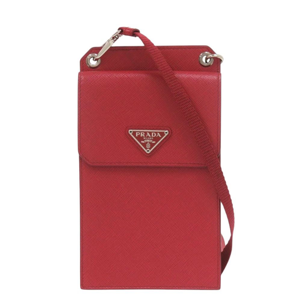 美品 プラダ スマホショルダー フォンケース トライアングルロゴ 2ZH068 サフィアーノレザー レッド ショルダーバッグ 赤 0416 PRADA