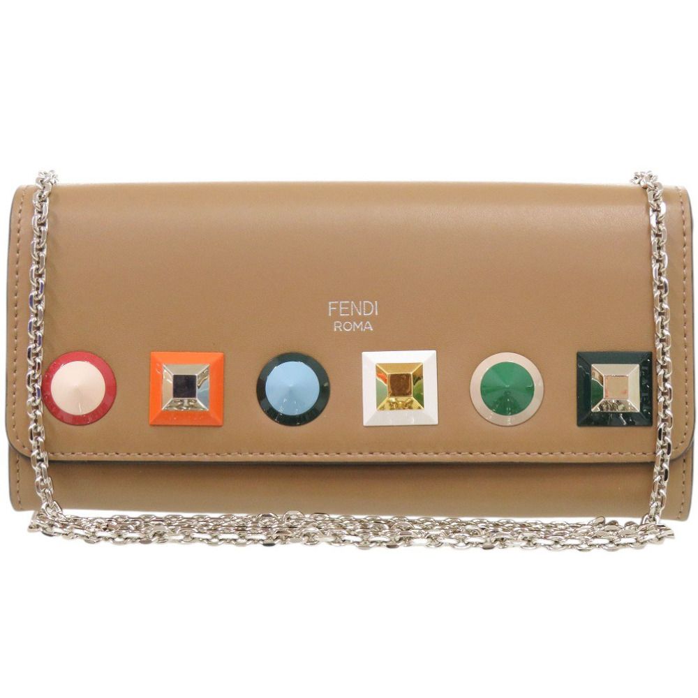 新品同様 フェンディ チェーンウォレット スタッズ 8M0365 レザー ブラウン 長財布 茶 0492 FENDI