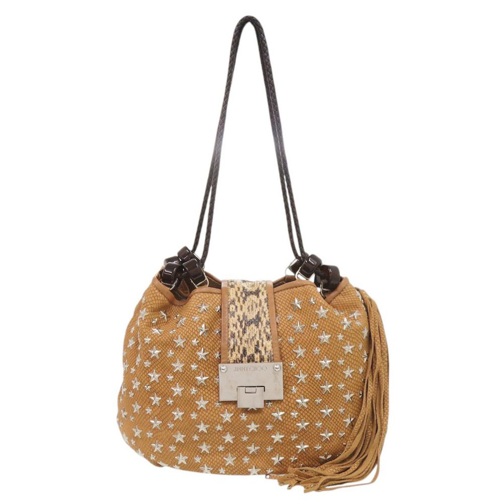 ジミーチュウ スタッズ パイソン型押しレザー ブラウン ショルダーバッグ 茶 1005 JIMMY CHOO
