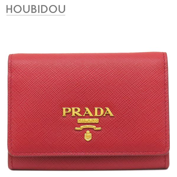 プラダ PRADA 二つ折り財布 サフィアーノ コンパクトウォレット レザー FUOCO ゴールド金具 赤 メタルロゴ ミニウォレット 1MH026【中古】