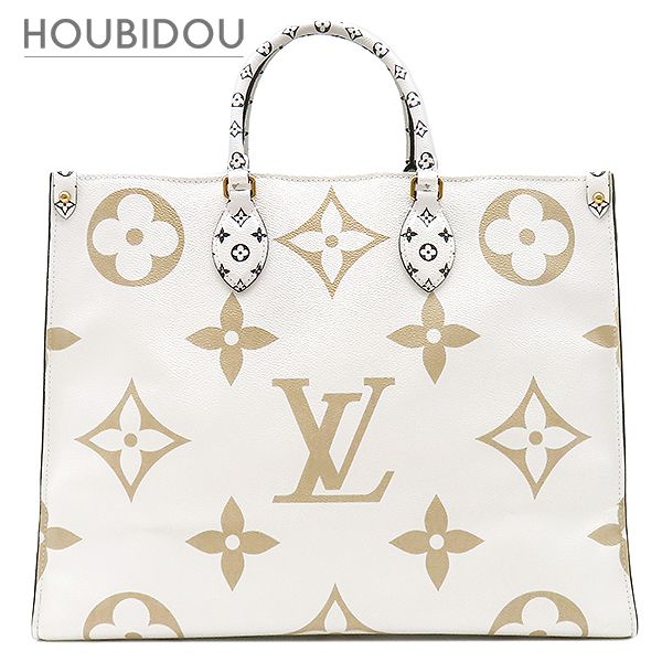 ルイヴィトン LOUIS VUITTON トートバッグ オンザゴーGM レザー モノグラムジャイアントキャンバス ホワイト×カーキ ゴールド金具 白 緑 ベージュ ショルダー M44571 RFID【中古】