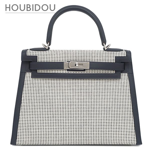 エルメス HERMES 2WAYバッグ ケリー28 外縫い ヴォースイフト トワルキャドリーユ キャバン×ホワイト シルバー金具 白 黒 B【中古】