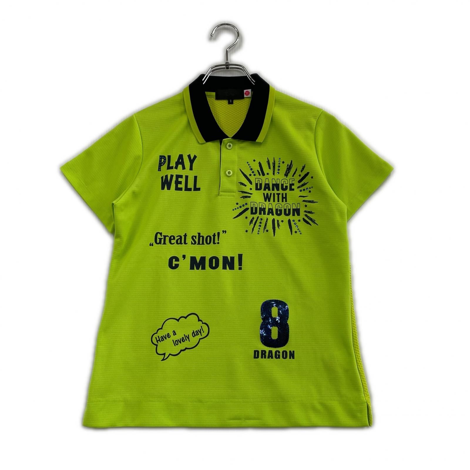 中古 レディース ダンスウィズドラゴン DANCE WITH DRAGON 半袖ポロシャツ 2(M) ライム系 メッシュ ラインストーン スパンコール