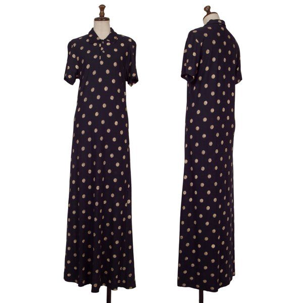 ローブドシャンブル コムデギャルソンrobe de chambre COMME des GARCONS レーヨン裏刷りドット半袖ワンピース 紺ベージュM位