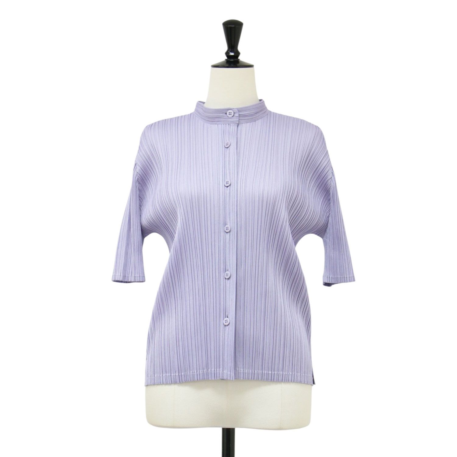 PLEATS PLEASE プリーツプリーズ シャツ ライラック サイズ:3(L) | プリーツ スタンドカラーシャツ / カーディガン | 半袖 ハイネック | 日本製 トップス【レディース】【中古】