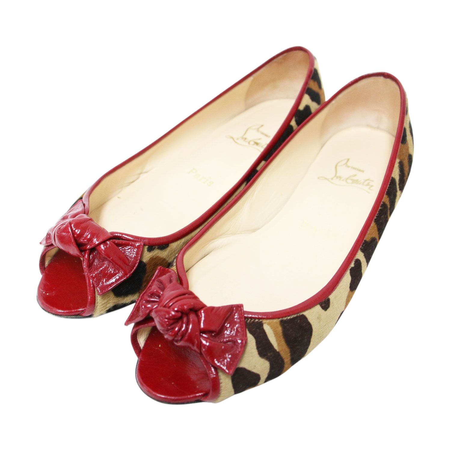 Christian Louboutin クリスチャンルブタン レッド ブラウン サイズ:37(24.0cm) | レオパード ハラコ フラットパンプス / バレエシューズ オープントゥ リボン レザー| ブランド 靴 イタリア製【レディース】【中古】
