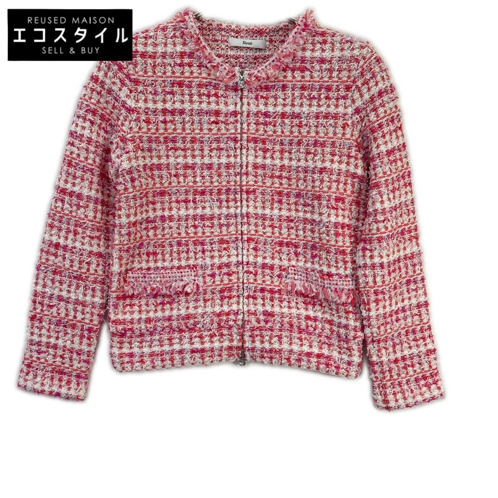 週末限定価格♡未使用品♡Reneルネ2025AW新作♡ケープジャケット ベージュ Rene ルネ 24SS 6412270 ピンク×ホワイト ビジュージップ ジップアップ