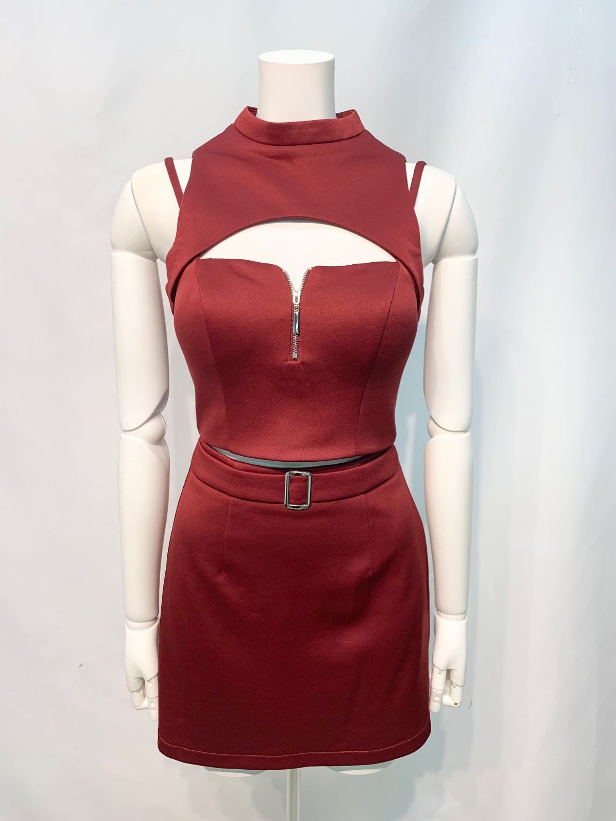 2897 ROBE de FLEURS Glossy ローブドフルール グロッシー キャバクラ ドレス セットアップ ノースリーブ フロントジップ タイト ミニ 伸縮性 キャバドレス S