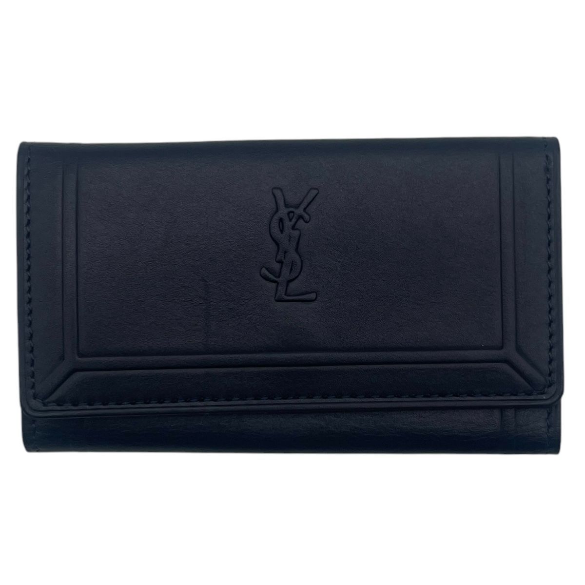 美品 Yves Saint Laurent イヴサンローラン レザーキーケース 4連 カサンドラロゴ YSL 三つ折り ダークネイビー ゴールド ヴィンテージ ユニセックス