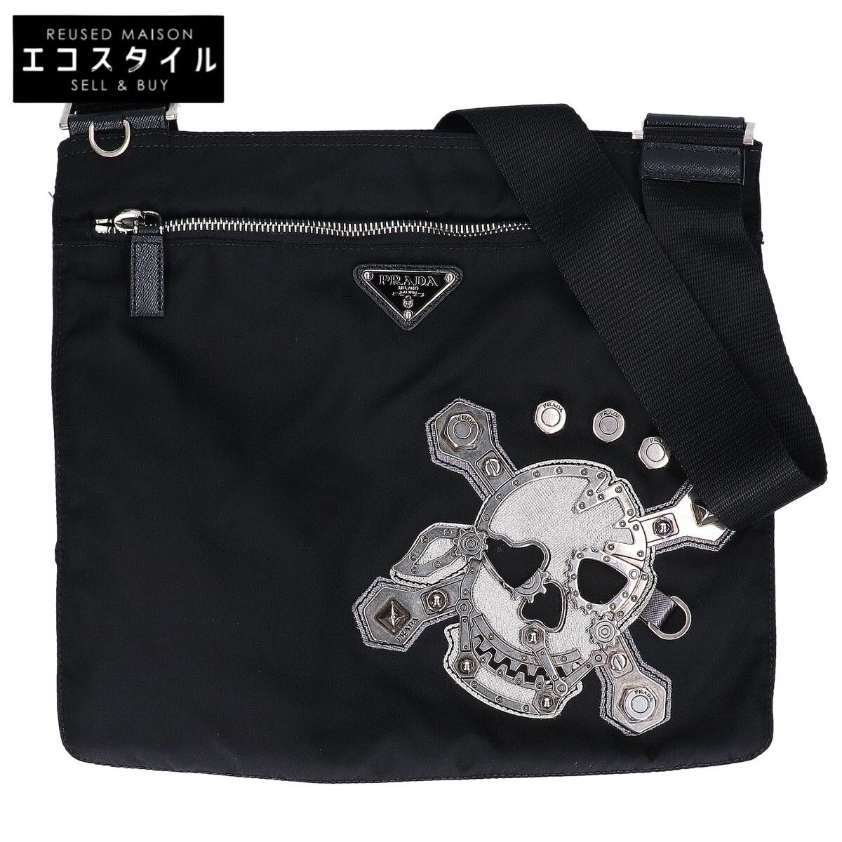 PRADA　プラダ　【美品】VA0859 TESSUTO+SAFFIANO テスートナイロン/サフィアーノ メタルスカル トライアングルプレート