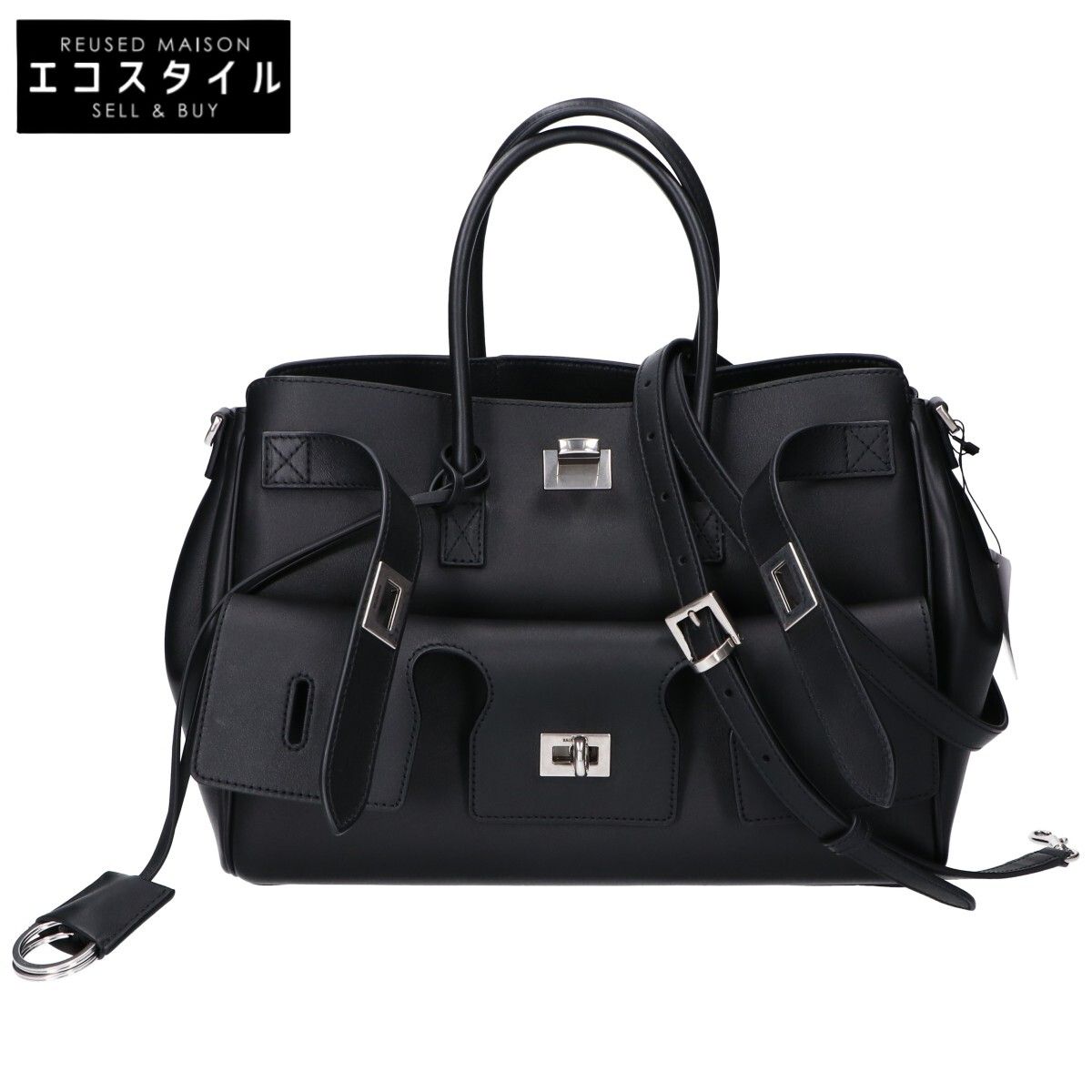 BALENCIAGA　バレンシアガ　812545 ブラック×シルバー ナチュラルスムースカーフ BEL AIR CARRY ALL S/ベルエアー キャリーオールバッグ スモール　-