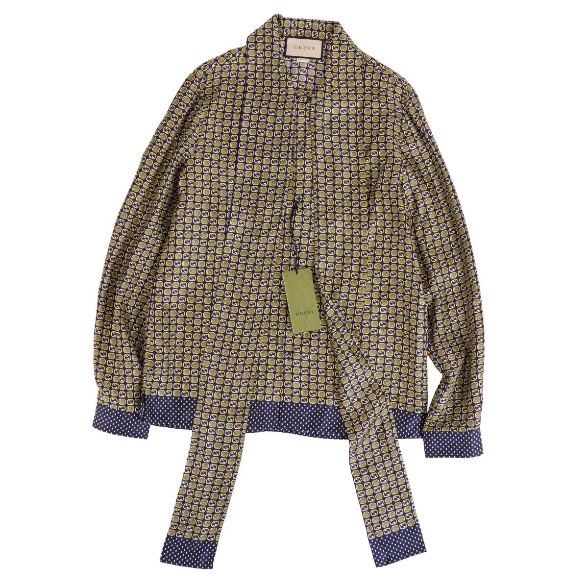 未使用 グッチ GUCCI シャツ ボウタイ インターロッキング 総柄 シルク