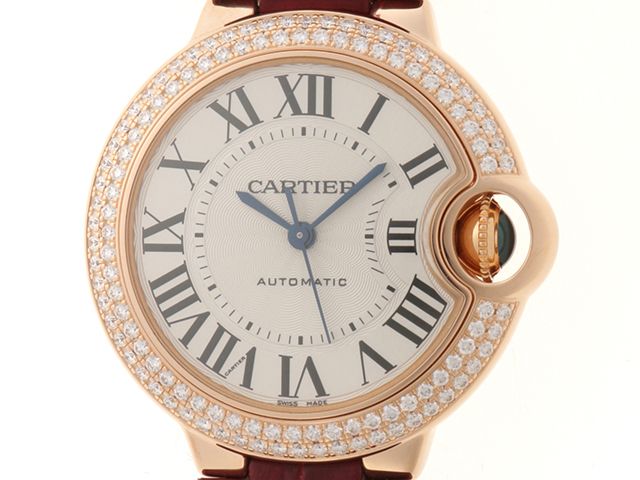 Cartier カルティエ バロンブルーMM 33mm ダイヤベゼル（二重） WJBB0051 腕時計 K18イエローゴールド/レザー シルバー レディース 自動巻き 2143200670401 200 【中古】