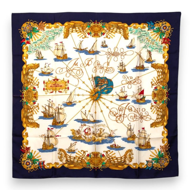 エルメス カレ90 VOILES DE LUMIERE 光の帆船 スカーフ 大判 ネイビー マルチカラー シルク レディース HERMES【1-0272283】