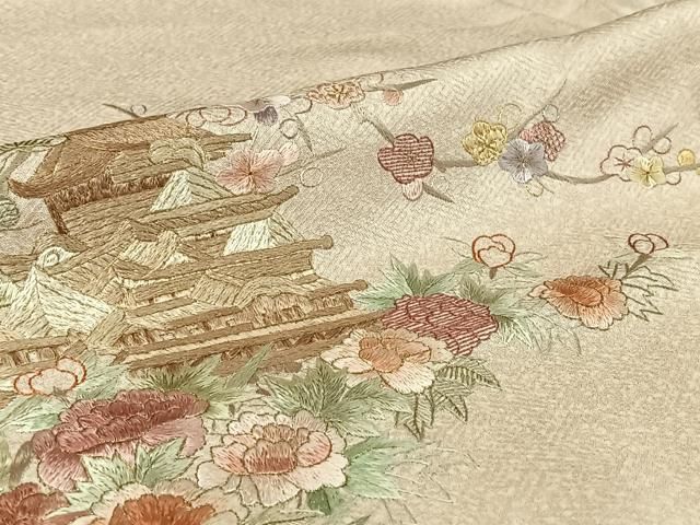 平和屋着物▽訪問着　単衣　総刺繍　風景花文　金糸　正絹　逸品　AABI7750jh