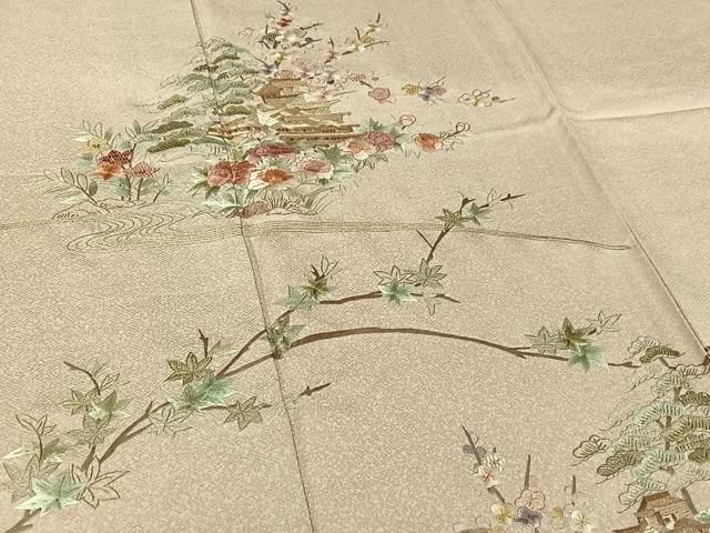 平和屋着物▽訪問着　単衣　総刺繍　風景花文　金糸　正絹　逸品　AABI7750jh