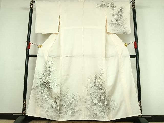 平和屋着物▽訪問着　単衣　手描き　草花文　菊　正絹　逸品　AABI7753jh