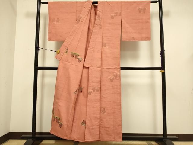 平和屋着物▽上質な紬　単衣　草木文　正絹　逸品　DABF5666du