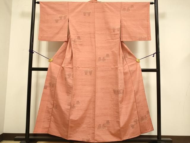 平和屋着物▽上質な紬　単衣　草木文　正絹　逸品　DABF5666du