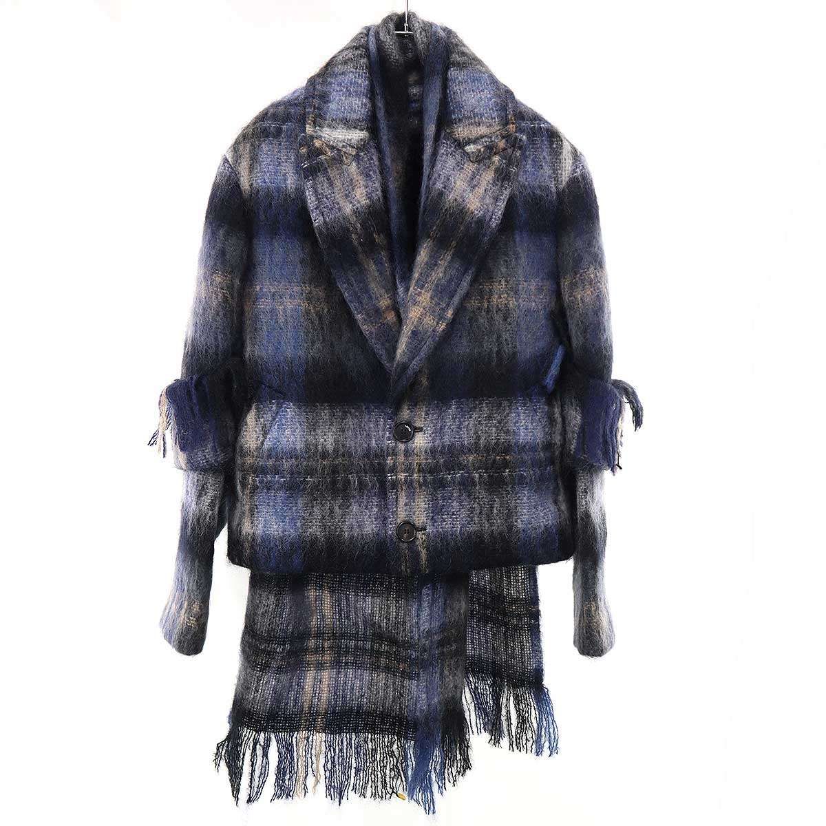 LOEWE ロエベ 25AW モヘアウールブレンド スカーフチェックジャケット S540Y02XC6 ブルー 32