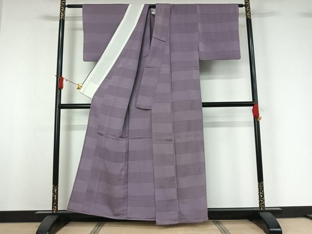平和屋着物▽上質な色無地　単衣　横段地紋　鳩羽色　銀通し地　正絹　逸品　AABI9540jh