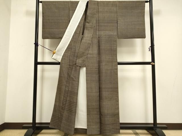 平和屋着物▽上質な紬　単衣　格子　正絹　逸品　DABF5701du