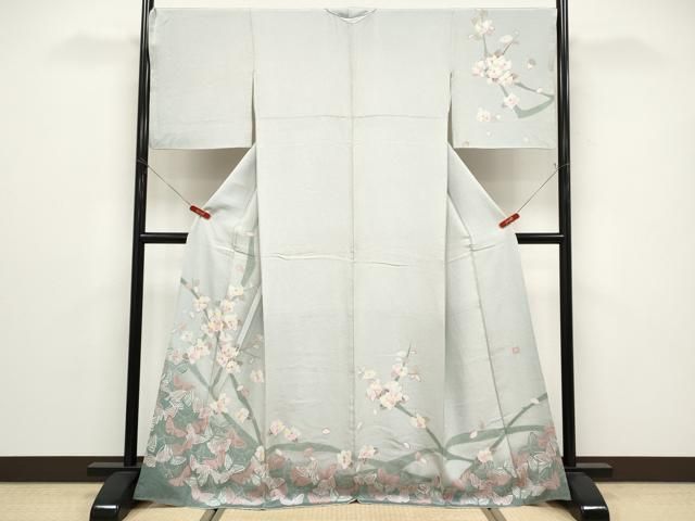 平和屋着物●訪問着　友禅　作家物　枝椿舞蝶文　正絹　逸品　CABG3407tx