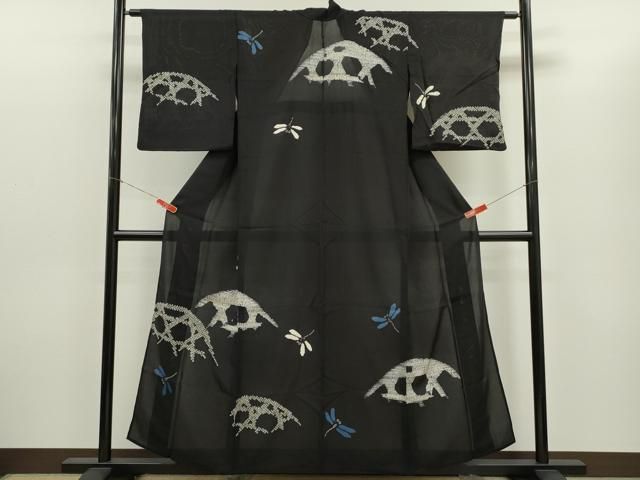 平和屋着物＊夏物　訪問着　絽　絞り　トンボ　籬文　黒地　正絹　逸品　CABG2400ze