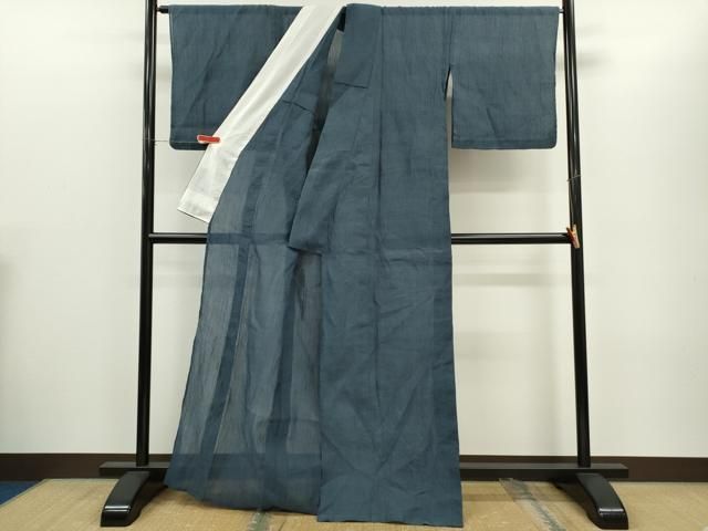 平和屋着物＊夏物　本場小千谷ちぢみ　鉄御納戸色　麻　逸品　CABH7602ze