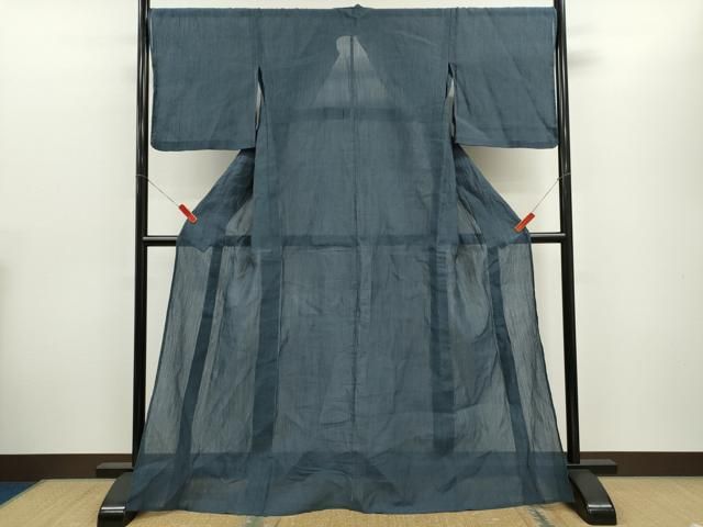 平和屋着物＊夏物　本場小千谷ちぢみ　鉄御納戸色　麻　逸品　CABH7602ze