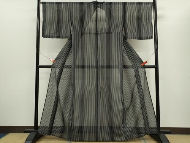 平和屋着物＊夏物　お召　縦絽　縞　黒地　正絹　逸品　CABH7604ze
