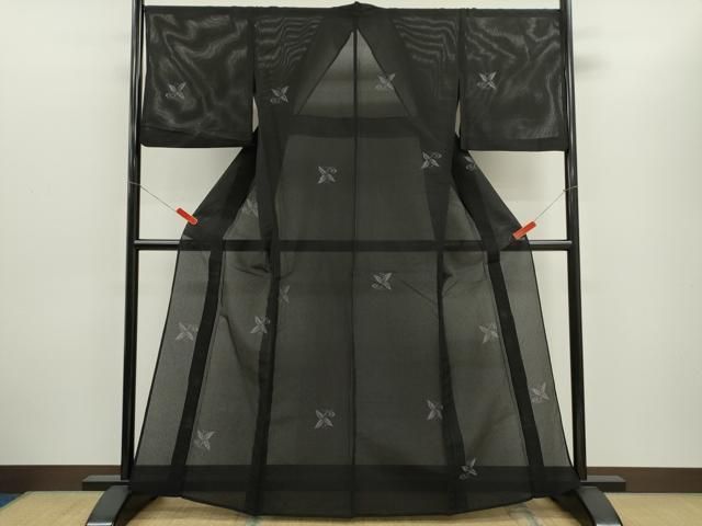 平和屋着物＊夏物　小紋　縦絽　舞花文　黒地　正絹　逸品　CABH7612ze