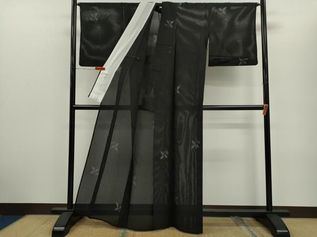 平和屋着物＊夏物　小紋　縦絽　舞花文　黒地　正絹　逸品　CABH7612ze