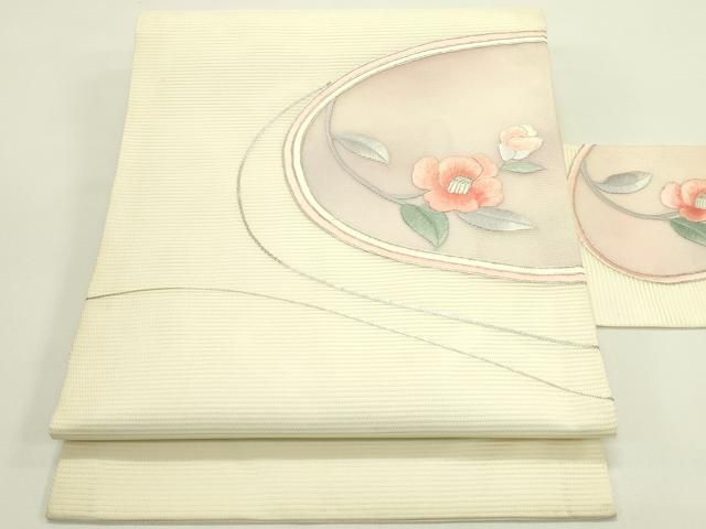 平和屋着物＊夏物　九寸名古屋帯　総刺繍　駒刺繍　枝椿　銀糸　正絹　逸品　CABH5648rv
