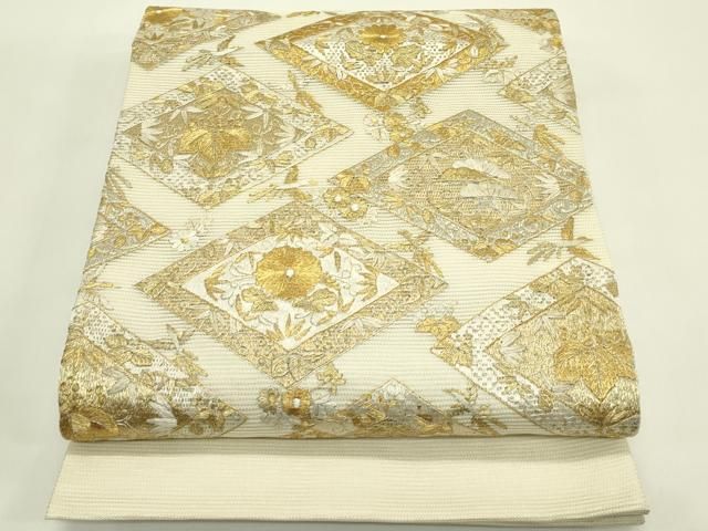 平和屋着物＊夏物　丸帯　総刺繍　絽刺し　区限刺繍　鳳凰菱花文　金銀糸　正絹　逸品　CABH5844rv