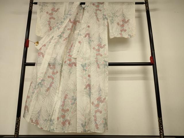 平和屋着物＊夏物　小千谷ちぢみ　草花文　麻　逸品　AABJ3397jd
