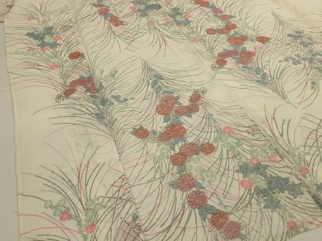 平和屋着物＊夏物　小千谷ちぢみ　草花文　麻　逸品　AABJ3397jd