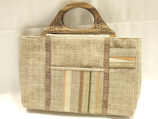 平和屋着物＊夏物　和装小物　和装バッグ　ハンドバッグ　木製ハンドル　麻　逸品　AABJ5847ay