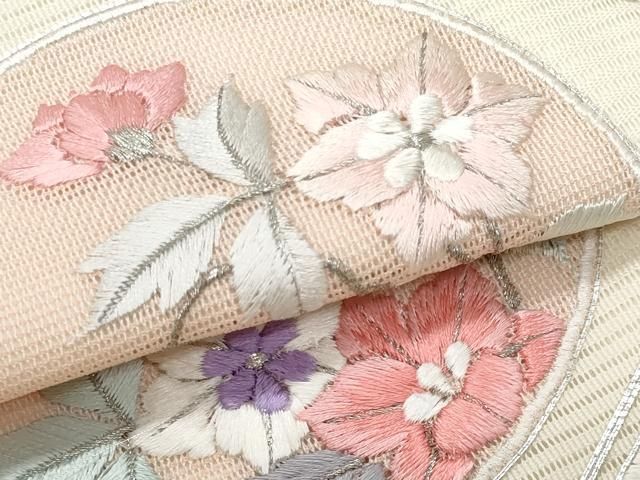 平和屋着物*夏物 九寸名古屋帯 駒刺繍 花丸文 銀糸 正絹 逸品 CABH8096fb 平和屋着物*夏物 九寸名古屋帯 駒刺繍 花丸文 銀糸 正絹 逸品 CABH8096fb