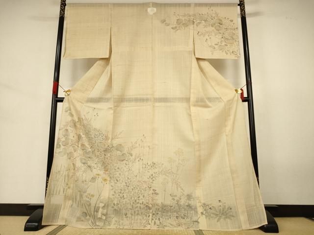 平和屋着物＊夏物　訪問着　生紬　手描き　草花文　ロング丈　正絹　逸品　AABJ3434jd
