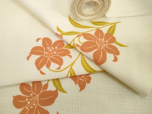 平和屋着物＊夏物　綿紅梅　浴衣　反物　着尺　草花文　百合 ユリ　市田株式会社　綿　逸品　未使用　DABD8879zzz