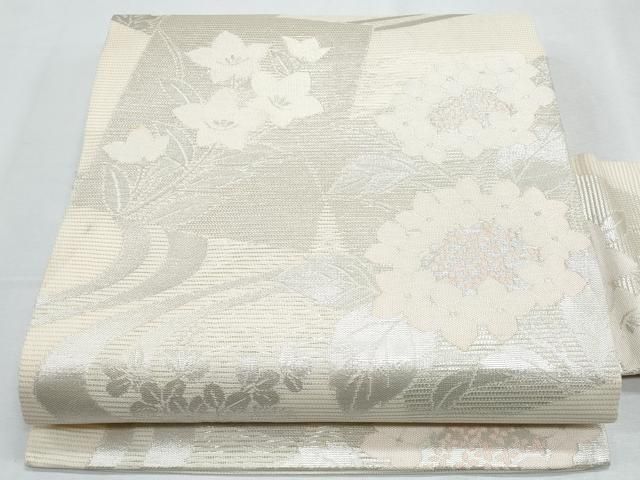 平和屋着物＊夏物　八寸名古屋帯　色紙秋草文　銀糸　正絹　逸品　CABH8258fb
