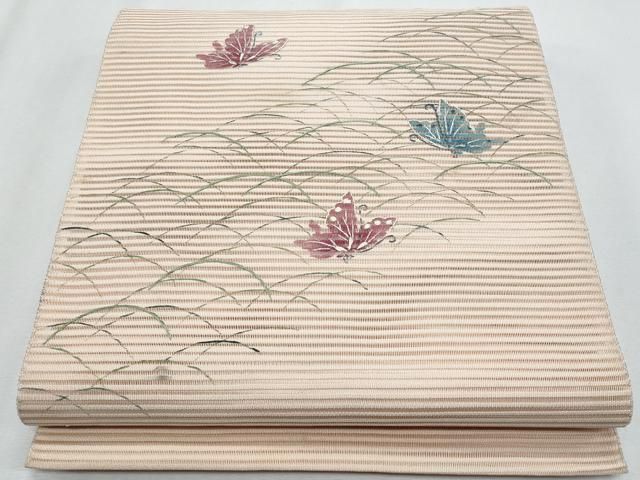 平和屋着物＊夏物　八寸名古屋帯　刺繍　絽綴れ　舞蝶草花文　正絹　逸品　CABH8278fb