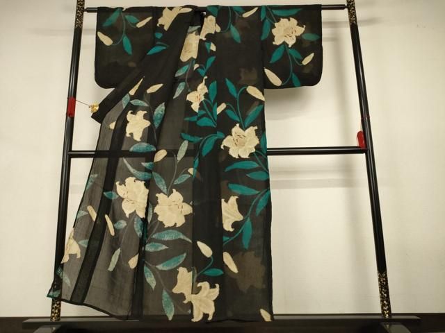 平和屋着物＊夏物　アンティーク　大正ロマン　小紋　紗　草花文　黒地　正絹　逸品　AABJ6398jd