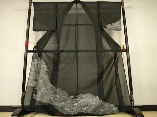 平和屋着物＊夏物　訪問着　絽　立波文　黒地　洗える着物　AABJ6430jd