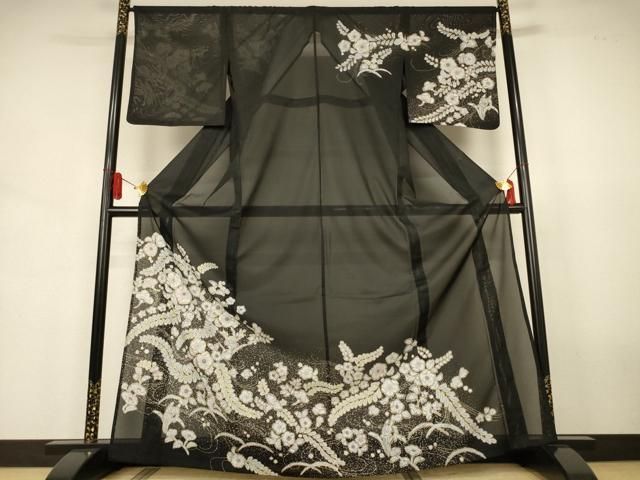 平和屋着物＊夏物　訪問着　絽　辻が花　黒地　洗える着物　AABJ6438jd