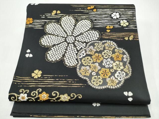 平和屋着物●全通柄袋帯　唐織　舞花文　黒地　金銀糸　正絹　逸品　CABI8878hy